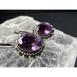 Vintage Balinese Sterling Silver Amethyst Drop Earrings Beaded Halo